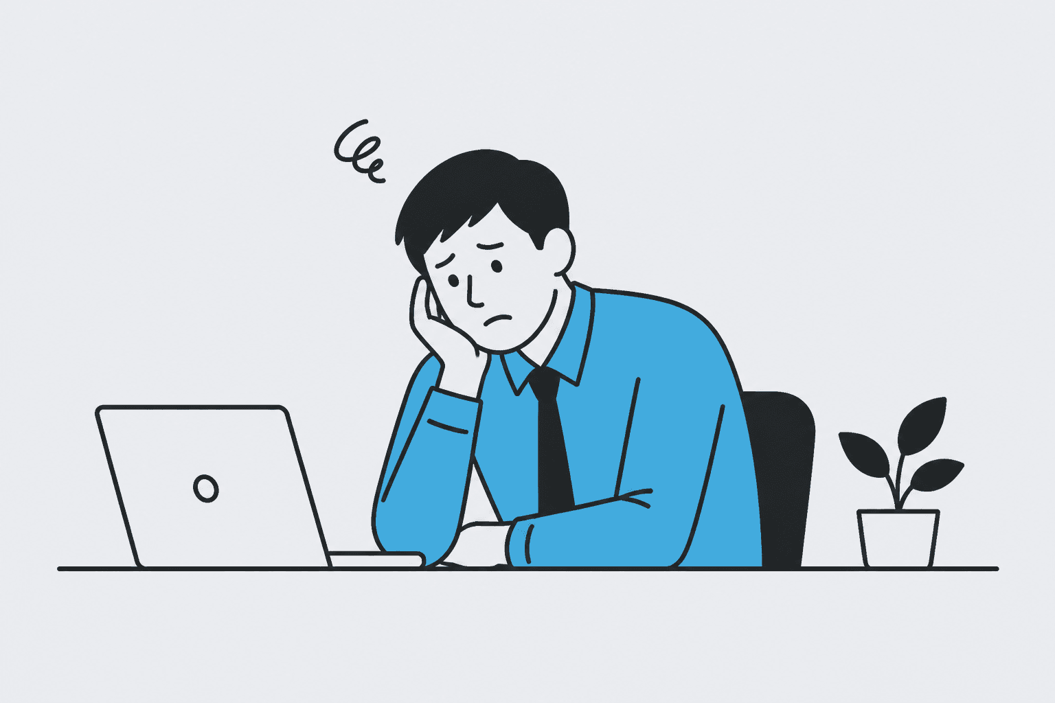 導入前の課題を示す、考え込む人物のフラットイラスト