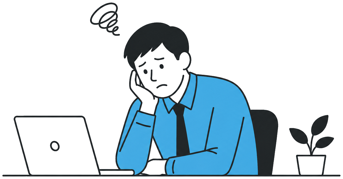 導入前の課題を示す、腕を組んで悩む人物のフラットイラスト
